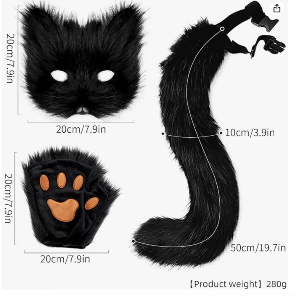 Furry Black Cat Costume with Mask,Tail and Fingerless Faux Fur Paw Gloves